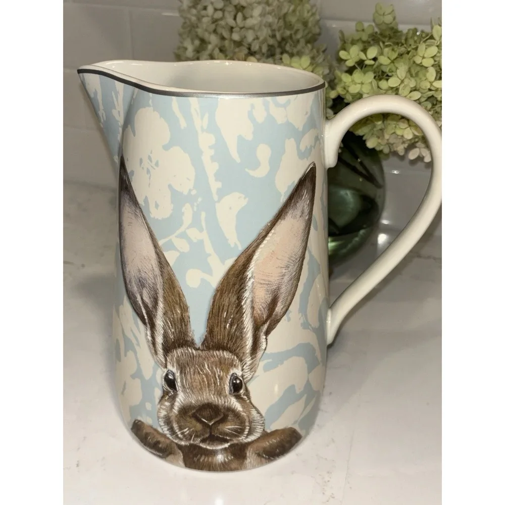 EUC Williams Sonoma Damask Easter Bunny Pitcher Blue Retired 85 Oz